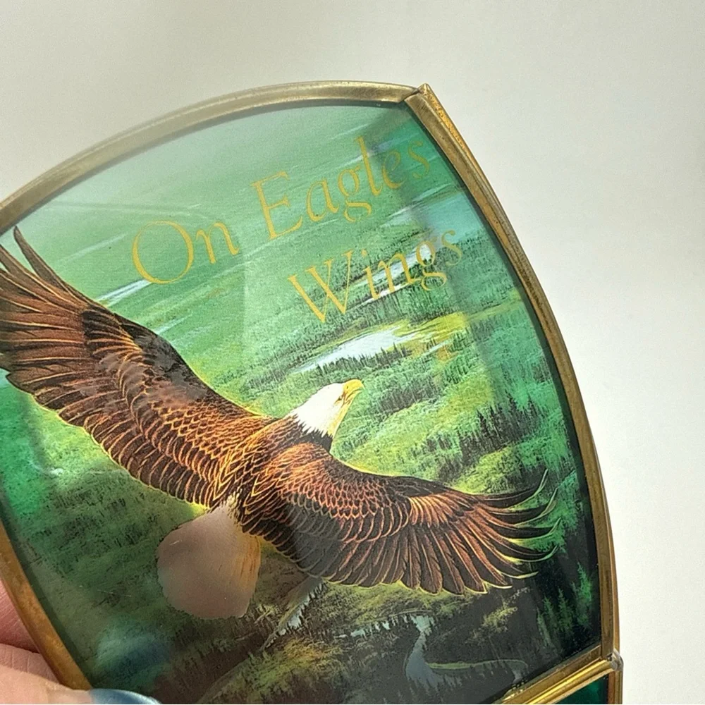 Enesco Stained Glass w/ brass Panel Candle Holder Bald Eagle on Eagles Wings